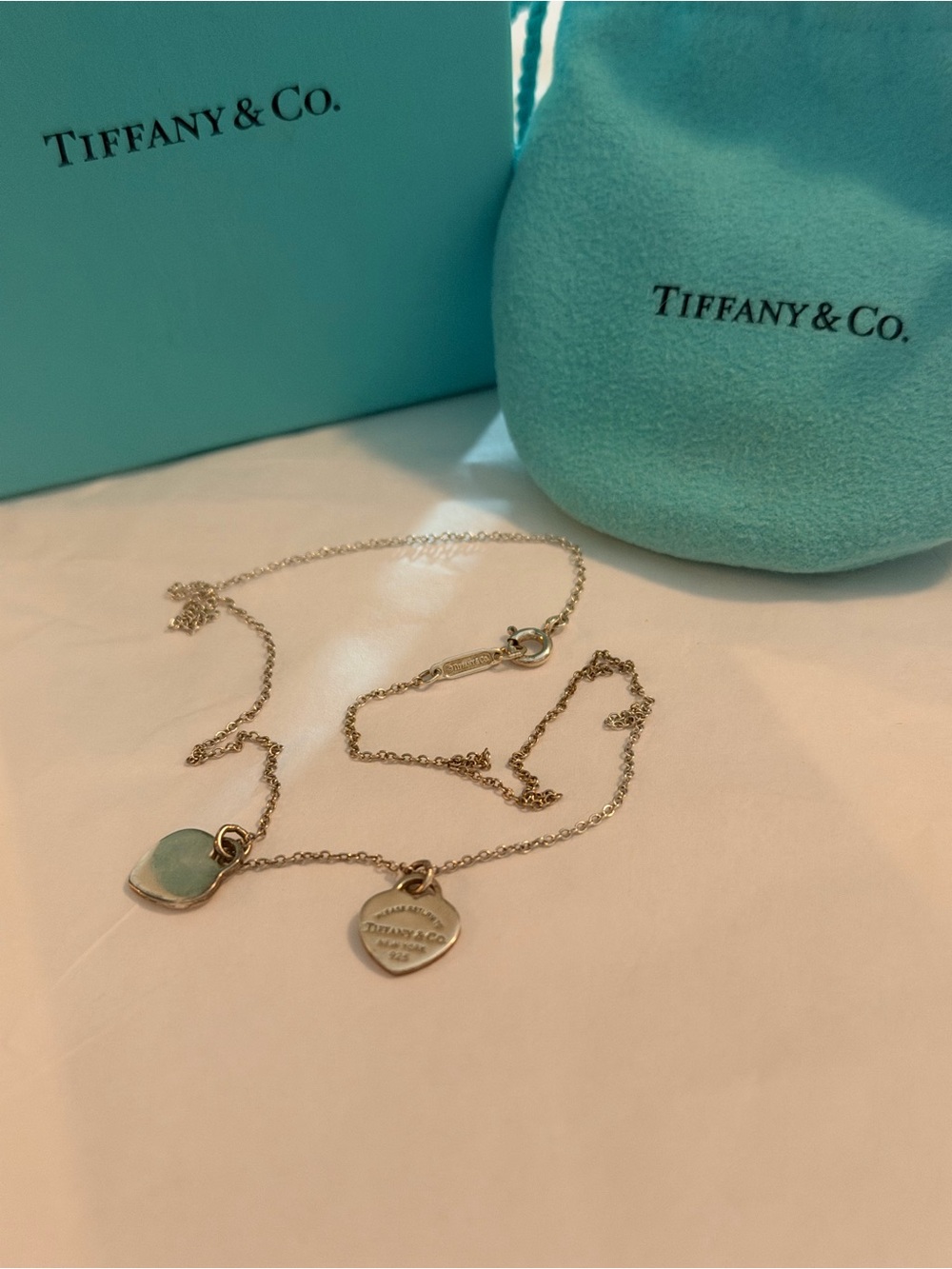 Tiffany & Co. Silver Double Heart Necklace with Blue Enamel
